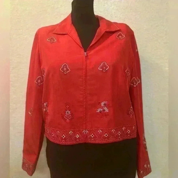 Vintage 80s Maggy London 100%Silk Red Embroidered Full Zip Bolero Jacket Size 10 - Picture 1 of 7